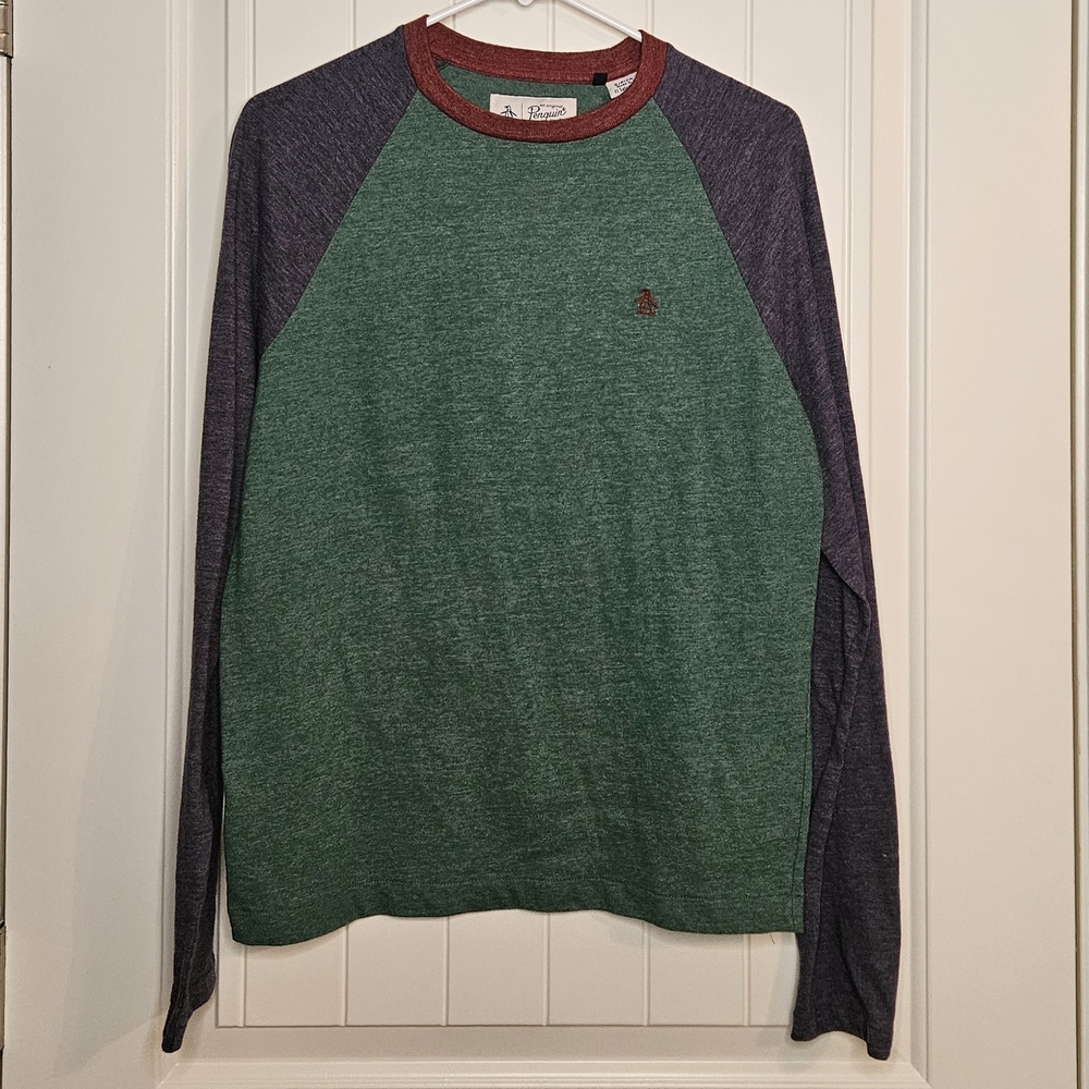 Original Penguin men's heathered color block long sleeve baseball tee shirt.